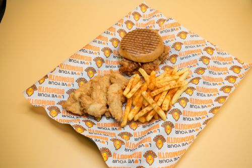 3 Chicken Strips and Burger with Chips Served at Big Mouth Takeaway Coatbridge