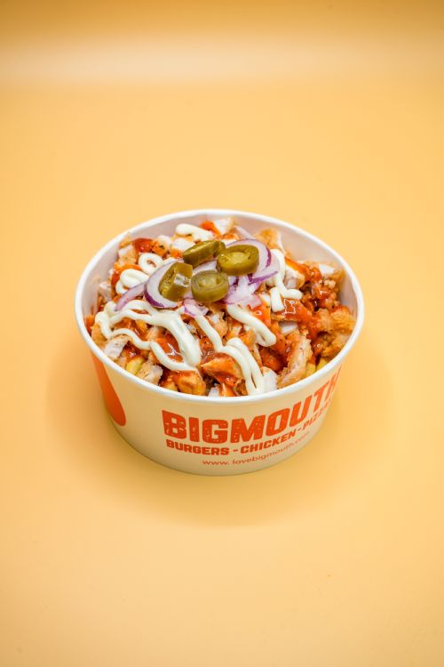 Loaded Fries with Sauce, Onion and Jalapeno in a Bucket Served at Big Mouth Takeaway Coatbridge 