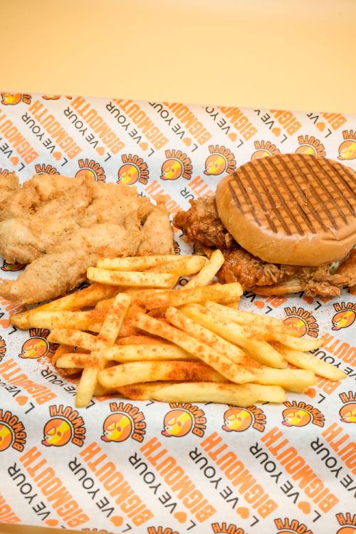 3 Chicken Strips and Burger with Chips Served at Big Mouth Takeaway Coatbridge 