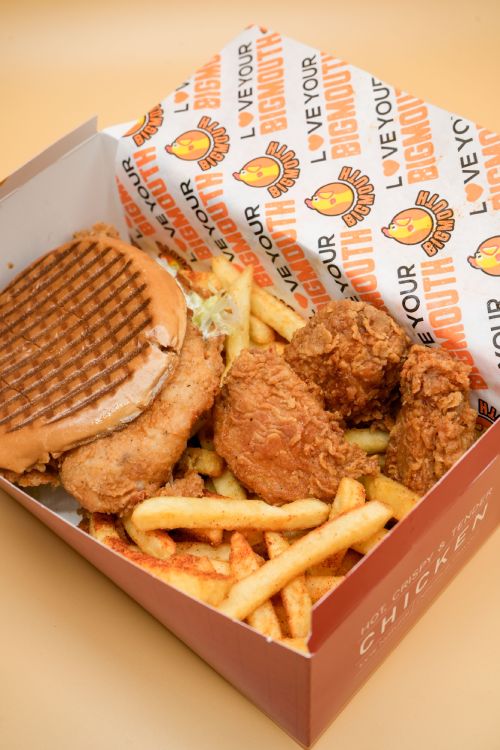 3 Chicken Strips and Burger with Chips Served at Big Mouth Takeaway Coatbridge 